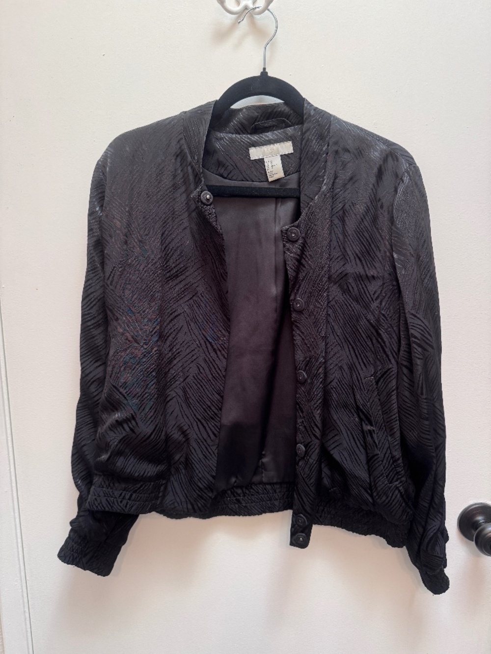 H&M Black Satin Bomber Jacket with texture pattern - Size 10